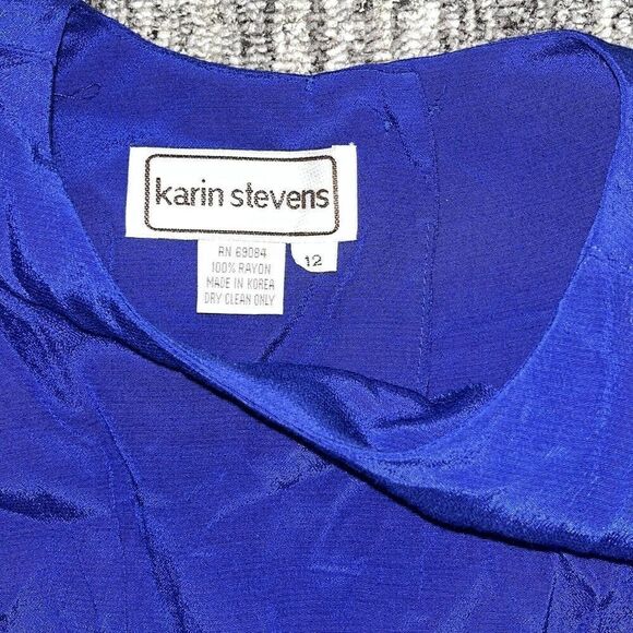 VTG 90s Karin Stevens Dress Blue Midi LS Embroidery Beads Secretary Geek - Picture 2 of 14